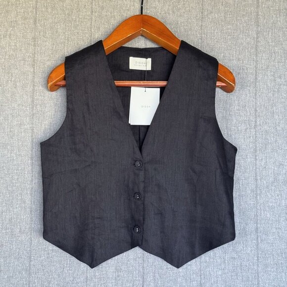 Dissh Banks Black 100% Linen Fully Lined Covered Button Minimalist Vest Size 8 - Picture 4 of 15